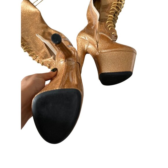 GOLD Glitter Platform Over the Knee Lace Up Boots Size US 7 - Picture 8 of 12